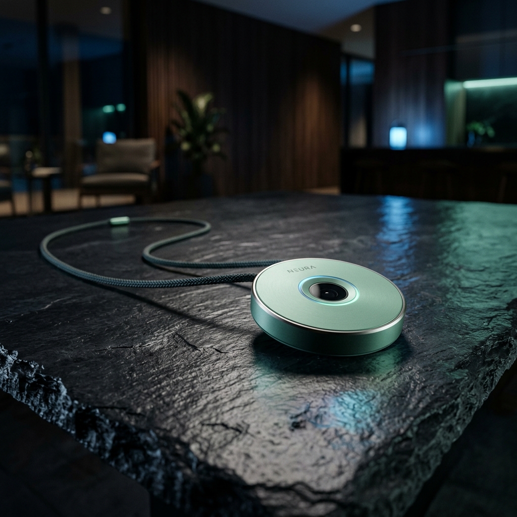 A cinematic lifestyle shot of the minimalist mint green Aura AI pendant resting elegantly on a sleek, dark polished slate table.